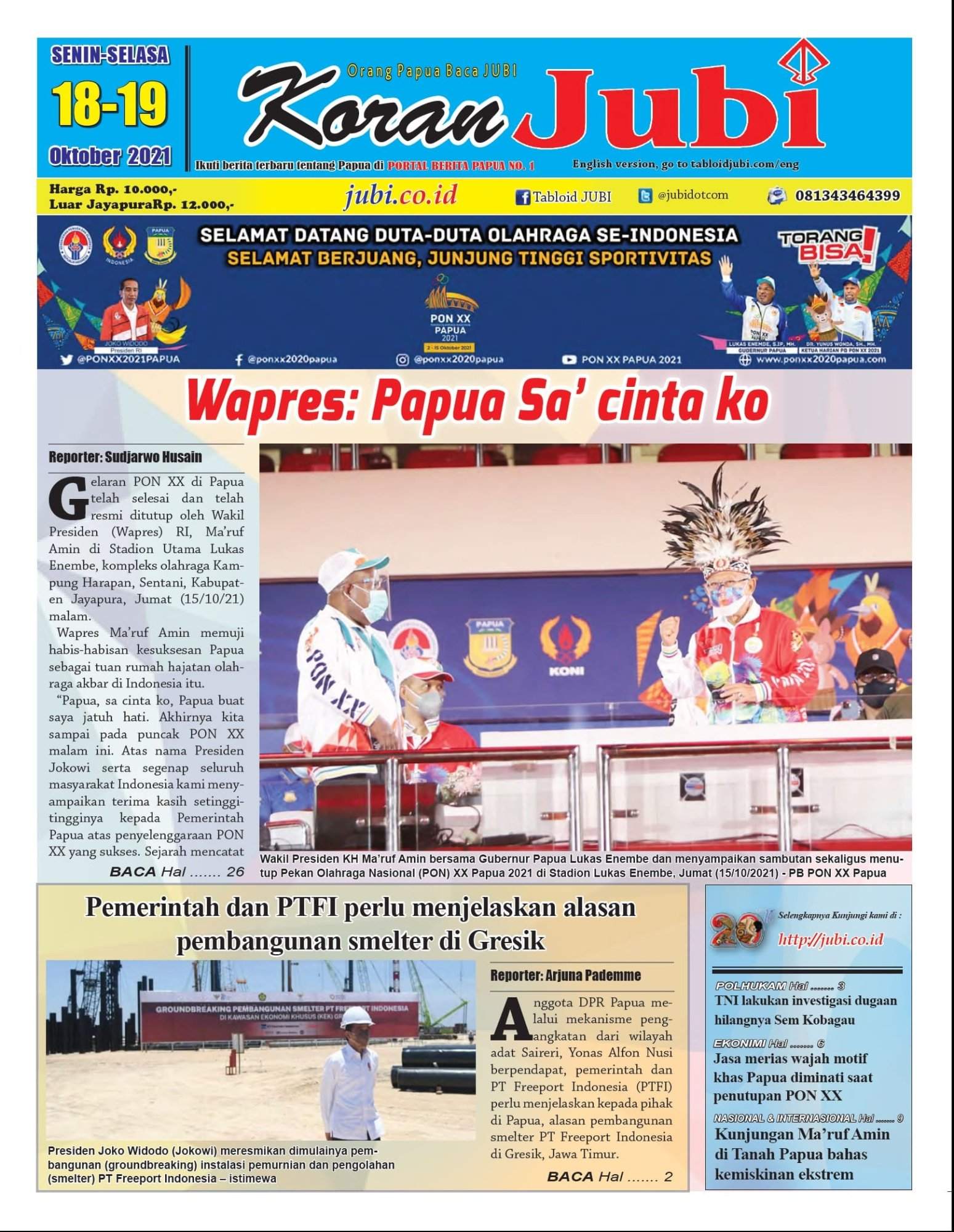 Cover Koran Jubi edisi 18-19 Oktober 2021